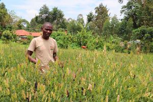 Evans Ochuto at the traditional vegetable and seed bank farm in Vihiga County.