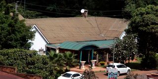 The front view of the White Rhino Hotel. 