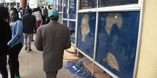 The state of Saito Centre building in Eldoret town, Uasin Gishu County whose windows were damaged by protesting trolley pushers