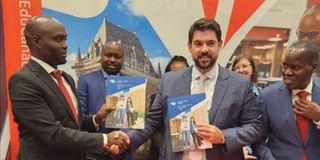 Elgeyo Marakwet Governor Wisley Rotich (left) with an official from North Island College, Canada