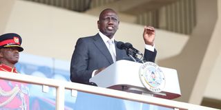 President William Ruto speaking at Nyayo stadium during Jamhuri day celebrations.