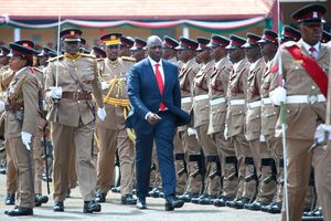 President William Ruto inspects a guard of honour during the Administration Police pass-out parade