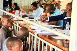 Kisii County revenue officers line up to present their credentials during a staff audit at Gusii Stadium