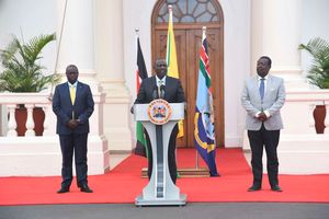 Deputy President Rigathi Gachagua (left), President Dr William Ruto and Prime Cabinet Secretary nominee Musalia Mudavadi