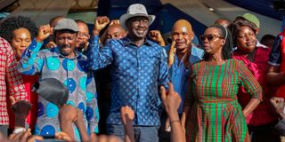 Raila Odinga, Wiper leader Kalonzo Musyoka and Narc-K leader Martha Karua at a public gathering at Kamukunji Grounds