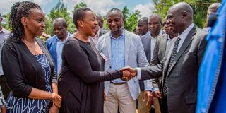 Deputy President Rigathi Gachagua greets nominated MP Sabina Chege