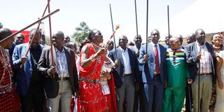 President William Ruto (centre), his deputy Rigathi Gachagua, Governor Patrick Ole Ntutu