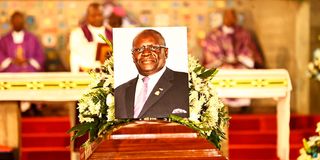 The casket bearing the remains of Prof George Magoha at Consolata Shrine in Nairobi