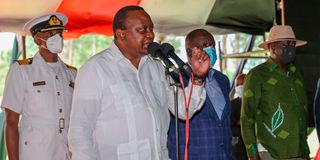 Retired President Uhuru Kenyatta, Fred Matiang'i and Raila Odinga