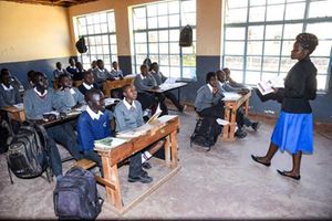 Ms Pauline Bwire teaches Junior Secondary School students at Kapsoya Primary School in Eldoret town