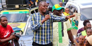 Kiharu MP Ndindi Nyoro addresses wananchi at Mukurweini town in Nyeri county