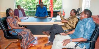 Azimio leaders Raila Odinga (centre), Eugene Wamalwa (right), Kalonzo Musyoka (second right), Jeremiah Kioni and Martha Karua 