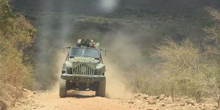 An armored personnel carrier patrols Marigat-Mochongoi road in Baringo County on February 16, 2023