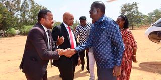 Azimio leaders Raila Odinga (second right) and Martha Karua (right) in Kitui on February 21, 2023.