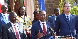 Cabinet Secretary Dr Alfred Mutua (centre), French Trade Minister Olivier Becht and Uasin Gishu Governor Jonathan Bii 