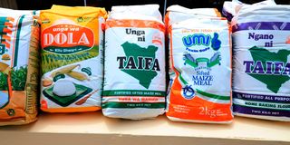 Different brands of maize Flour on display at a shop in Mombasa