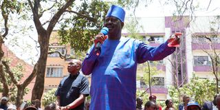 Azimio leader Raila Odinga addresses his supporters at Jeevanjee Gardens in Nairobi on February 22, 2023