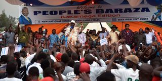 Azimio leader Raila Odinga during a rally at Amalemba grounds in Kakamega on February 25, 2023.