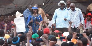 Azimio Leader Raila Odinga and Narc Kenya Leader Martha Karua during a rally in Kitale town,
