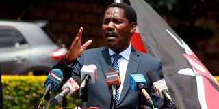 Former Agriculture Cabinet Secretary Peter Munya addressing journalists at Kilimo House, Nairobi in April 2020. 