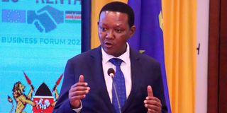 Foreign Affairs Cabinet Secretary Alfred Mutua speaks during the EU-Kenya Business Forum at the Radisson Blu Hotel