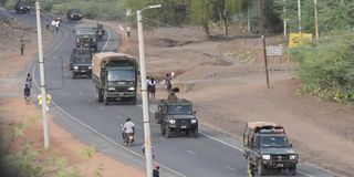 Kenya Defence Forces vehicles in a convoy at Marigat in Baringo County on February 17, 2023