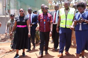 Governor George Natembeya and county officials inspecting construction progress of the Suam one-stop border-post 