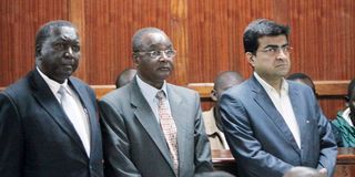 Elijah arap Bii (left), former PS Treasury Dr Wilfred Koinange and businessman Kamlesh Pattni