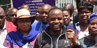 Trans Nzoia County Governor George Natembeya and KEMSA CEO Terry Ramadhani in Kitale on February 27