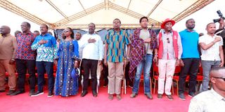 Azimio-OKA leaders address the Peoples Baraza in Kitale Town square grounds on February 26, 2023