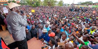 Azimio leader Raila Odinga addresses a public rally in Siaya Town