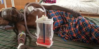 77 year old Lode Lomokol who was shot in the chest by bandits in a Saturday dawn bandit attack at Lorogon village Turkana South