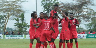 Bandari players celebrate Umaru Kasumba's goal 