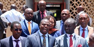 Kenya Kwanza MPs led by Mr Ndindi Nyoro (Kiharu) address journalists on the Azimio nationwide protests at Parliament Buildings