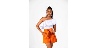 Michelle Harriet in a matching printed top and pants set.