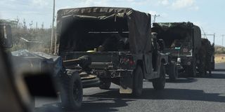 KDF vehicles with artillery launchers in a convoy, on the Emining-Marigat Road in Baringo County on March 13, 2023