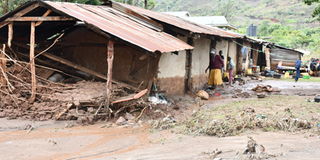  A house that got destroyed by raging floods following a heavy downpour in Kerelwa area in West  Pokot county