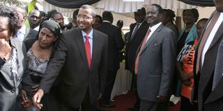 Former Prime Minister Raila Odinga (right) and former IEBC chairman Issack Hassan in Kibera 