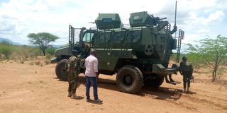 An armored vehicle at Lami Nyeusi in West Pokot county after bandits killed five people early Thursday morning.