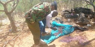 Police officers at the scene where five people were gunned down by bandits in an attack at Lami  Nyeusi, West Pokot 