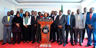 Council of Governors chairperson Anne Waiguru flanked by some of the governors.