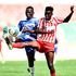 FC Talanta midfielder Ngala Herman (right) vies for the ball with AFC Leopards midfielder Njiite Zacharia