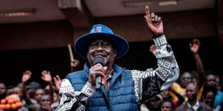 Azimio la Umoja One Kenya presidential party leader Raila Odinga speaks to his supporters at the KICC.