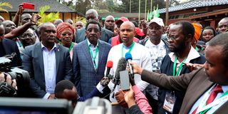 Mr Saitabao Ole Kanchory addresses journalists at the Bomas of Kenya in Nairobi