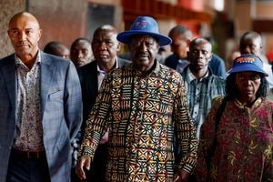 Azimio leader Raila Odinga (centre) and his running mate Martha Karua