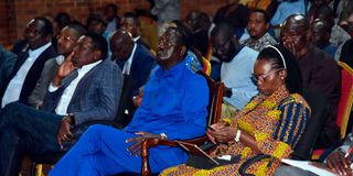 Azimio leaders Martha Karua (right), Raila Odinga (centre) and Eugene Wamalwa at Ufungamano House in Nairobi