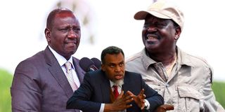 President William Ruto (left), Azimio leader Raila Odinga (right) and Director of Public Prosecutions Noordin Haji (centre).