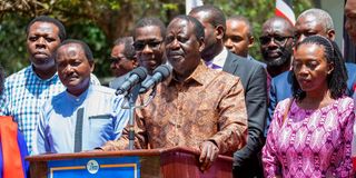 Azimio la Umoja coalition leaders led by Raila Odinga (centre), Wiper Party leader Kalonzo Musyoka (left) and Martha Karua