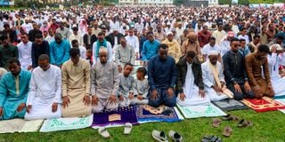 Muslim faithful gather for prayers at Sir Ali Muslim Club in Kariakor