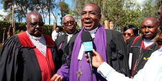 Rt, Rev. Patrick Mutahi Thegu, the Moderator of the 23rd General Assembly speaks to journalists at Molo Parish PCEA Church